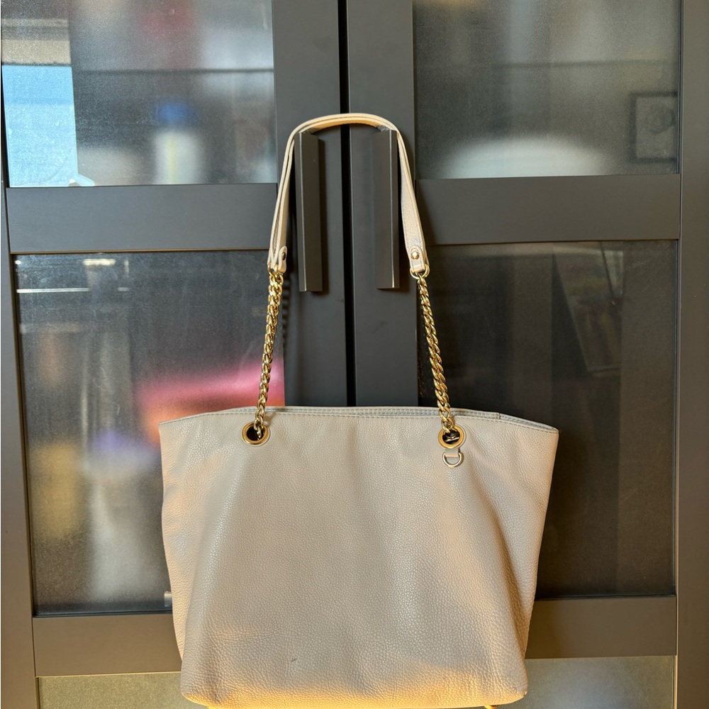 Michael Kors cream genuine leather tote with gold chain handle